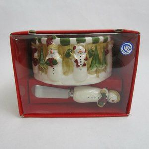Kohl's Sonoma Christmas Snowman Ceramic Dip Mix 2 Piece Set Bowl & Spreader NIB